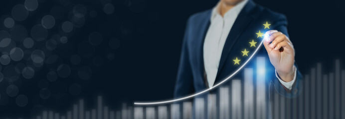 Rating Evaluation and Performance Improvement concept. Draws a rising curve with five stars above a...