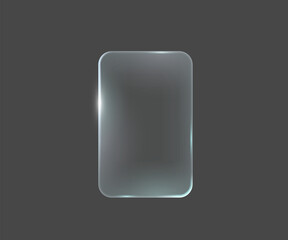 Transparent glass panel with smooth edges on dark backdrop. Modern and sleek design. Reflective surface ideal for technology or product design concepts.