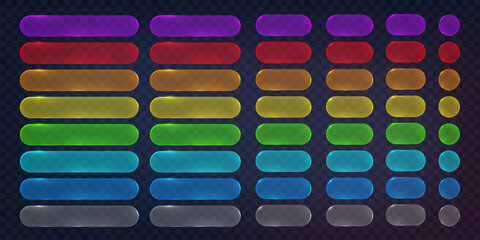 Glossy UI buttons in a variety of colors including red, green, blue, and purple. Designed with a modern and shiny style on a transparent checkered background. Ideal for web and app design.