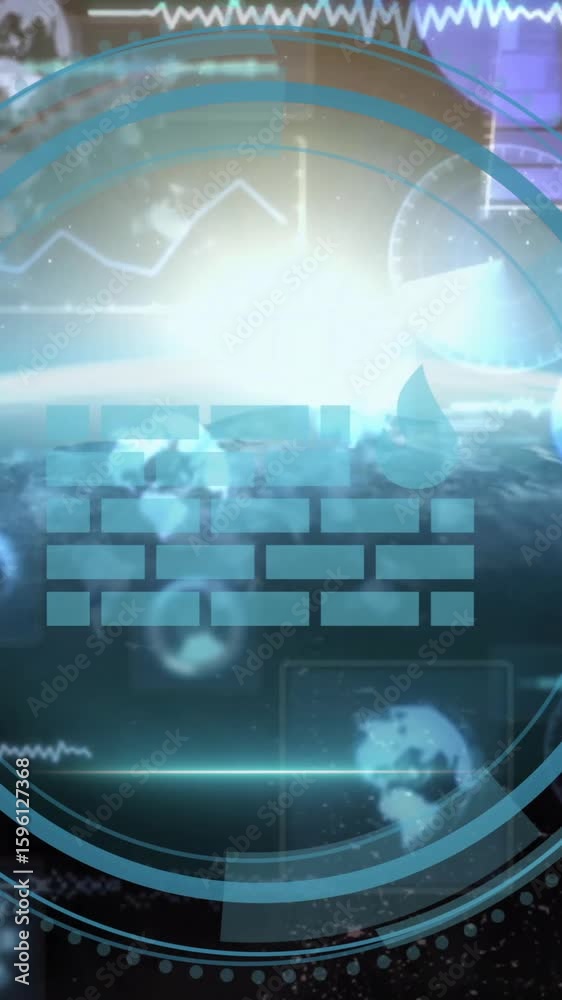 Poster digital firewall concept with glowing earth and data processing animation