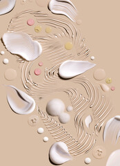 samples of cosmetic care products smear of cream gel texture on a beige background