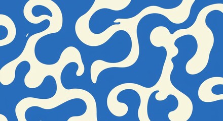 Abstract blue swirling organic pattern on a cream background