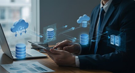 A man in a suit uses a tablet, with digital cloud and database icons overlaid, representing data transfer and cloud computing concepts.