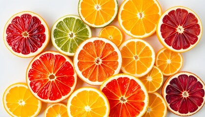 citrus fruit slices, blood orange, orange, lemon, lime, vibrant colors, textured surfaces, fresh produce, healthy food, top-down view, flat lay, minimalist, clean background
