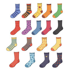 Collection of colorful socks with stripes, polka dots, and patterns for fashion apparel