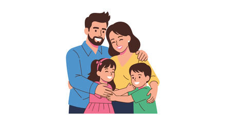 A cheerful family of four, embracing with love and happiness, depicted in a vibrant illustration, representing unity and familial bonds on a clean white background.