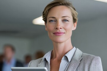 Confident businesswoman giving presentation with digital tablet in conference room