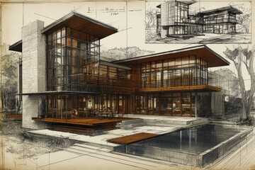 Fototapeta premium Modern architectural design of a contemporary luxury house with extensive glass and wooden accents, detailed construction sketch