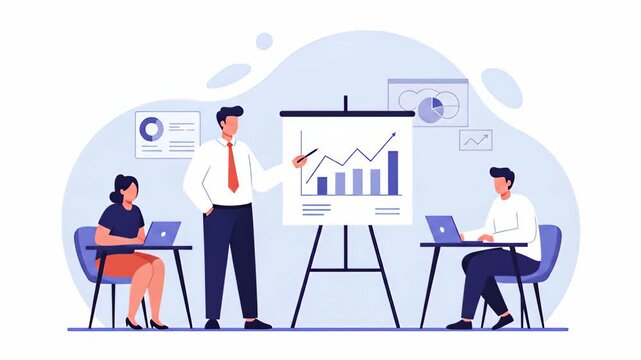 Flat vector a business presentation is being given, showing charts and graphs, representing data analysis and strategic planning for success