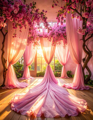 Elegant chiffon curtain with peach to violet gradient and floating pink gradient flowers glowing in golden hour sunlight
