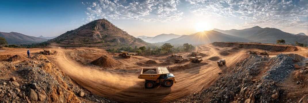 Breathtaking view of a dusty off-road mountain terrain at sunset with a rugged truck driving on a winding dirt trail surrounded by hills and mountains in a remote desert landscape - Powered by Adobe