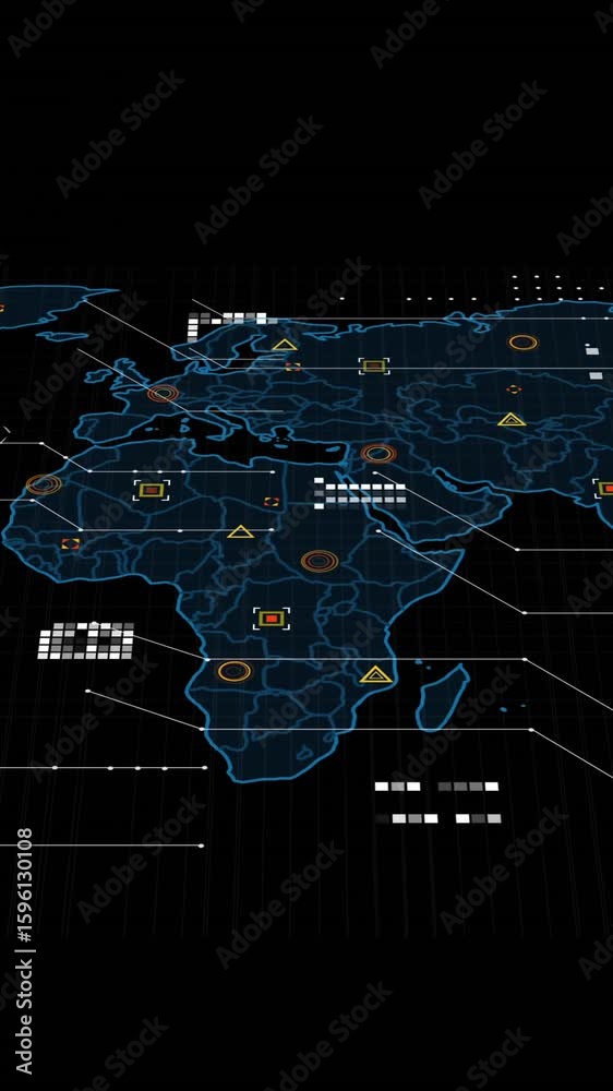 Poster showing animation of digital world map with data points on black background