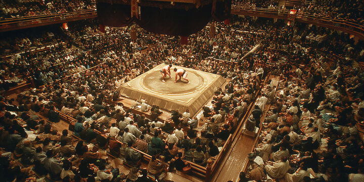 Sumo wrestlers compete in a lively arena filled with excited spectators in Japan