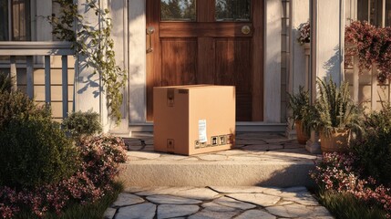 Decorative flower garden with potted plants and vibrant blooms outside a house with a wooden door and brick pathway in sptime