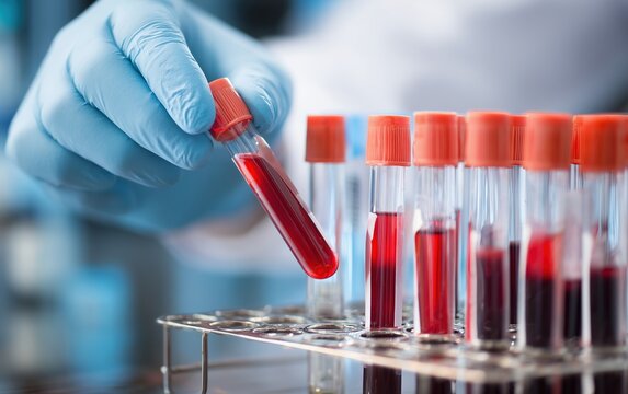 Gloved hand holding test tube with blood sample in medical lab.