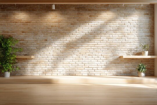 Modern Minimalist Interior Space with Exposed Brick Wall, Natural Wooden Floo, and Green Indoor Plants for Stylish Home Decor