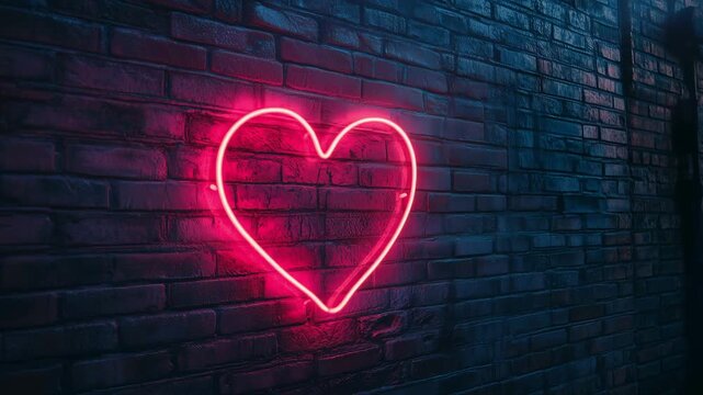A vibrant neon heart illuminates a textured brick wall during nighttime, creating a lively and romantic ambiance in a bustling urban environment. The interplay of light and shadow enchants the scene