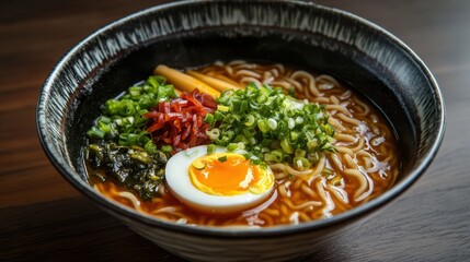 Delicious Japanese Ramen Noodle Soup with Soft Boiled Egg and Fresh Herbs