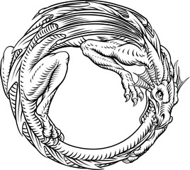 Dragon in ouroboros form, consuming its tail. Detailed black and white vintage woodcut style fantasy illustration. Intricate line art ideal for tattoos, symbols, or mythological designs.