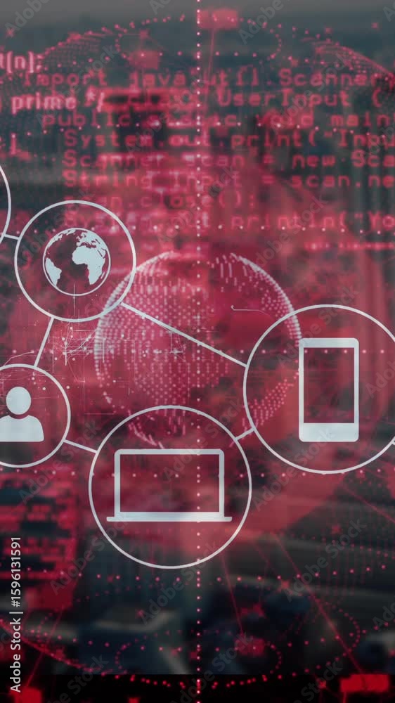 Poster Animation of digital network icons with red coding over cityscape data processing