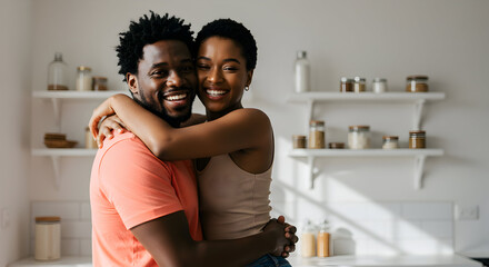 Happy young African American couple embracing in their modern kitchen, smiling at the camera, enjoying their life together.