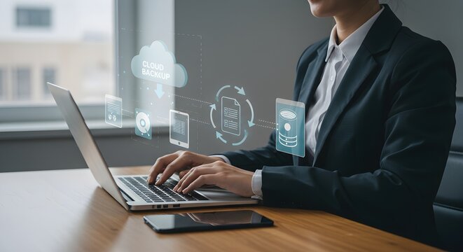 A person in a suit types on a laptop with digital cloud icons floating above, representing data and technology.