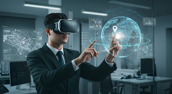Young businessman wearing a VR headset interacts with a holographic globe, touching a location pin in a modern office setting.
