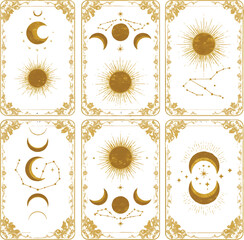 Celestial mystery esoteric decoration with moon, stars, and moths on a dark backdrop, tarot reverence border magic holy cover card frame with gold line border.