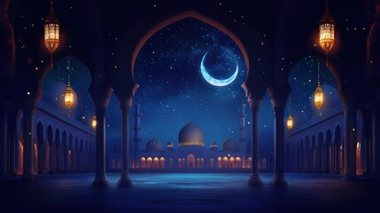 Majestic mosque under a starry night sky with a glowing crescent moon above