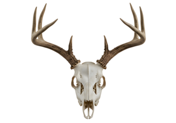 Whitetail Deer Skull with Antlers: Abstract, Moody, Artistic Still Life Photography;  Intricate, Textured Background;  Dark Tones;  Hunting, Nature, Mortality Themes;  High-Resolution Image.