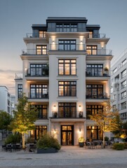 Fototapeta premium Modern luxury residential building with elegant architecture featu multiple balconies and large in urban setting