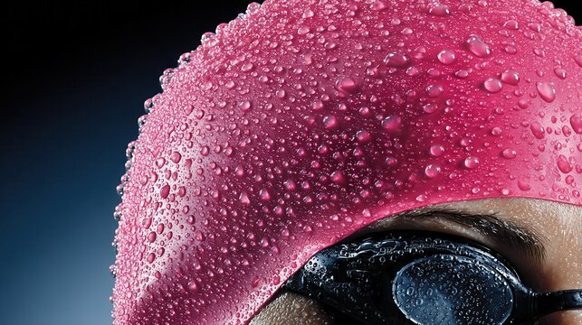 Swimmer wearing pink swim cap covered in water droplets - Powered by Adobe