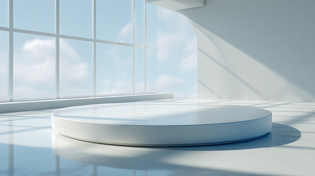 White Floating Display Circle - Contemporary Stage Minimalist circular platform appearing to float for elegant product presentation.