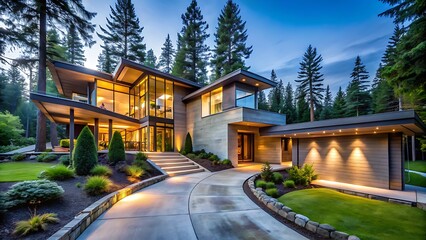 Obraz premium A luxurious modern home nestled in a serene forest setting