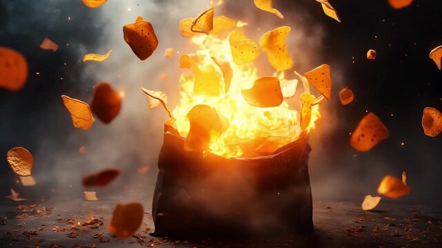 Crispy chips burst from an open bag as orange hues of fire illuminate the surrounding area. The explosion creates a captivating visual effect, showcasing texture and movement in incredible clarity