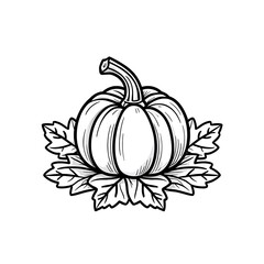 Elegant Black and White Line Art Pumpkin with Leaves.