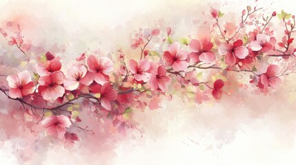 Obraz premium Watercolor Painting of Delicate Pink Cherry Blossoms in Full Bloom on a Branch