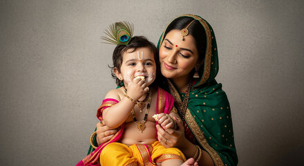 krishna Janmashtami Baby Krishna child is dressed like, complete with a yellow dhoti, pink dupatta trimmed in gold, and traditional jewelry Janmashtami, with maa yashoda the birth of Lord Krishna