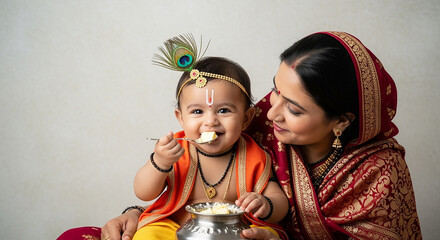 krishna Janmashtami Baby Krishna child is dressed like, complete with a yellow dhoti, pink dupatta trimmed in gold, and traditional jewelry Janmashtami, with maa yashoda the birth of Lord Krishna
