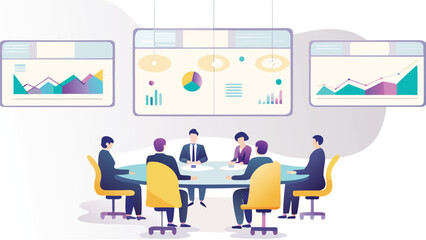 Business meeting with charts and graphs displayed on screens in a conference room setting shown here