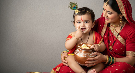 krishna Janmashtami Baby Krishna child is dressed like, complete with a yellow dhoti, pink dupatta trimmed in gold, and traditional jewelry Janmashtami, with maa yashoda the birth of Lord Krishna