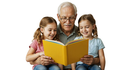 Elderly man reading a book to two smiling children  isolated on a transparent background
