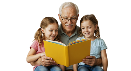 Elderly man reading a book to two smiling children isolated on a transparent background