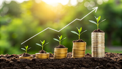 Growth shown in stacked coins with plants and upward trending arrow on blurred background representing investments and positive outcomes