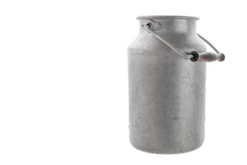 Vintage scratched milk churn, isolated on white background, with copy space