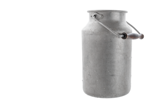 Vintage scratched milk churn, isolated on white background, with copy space