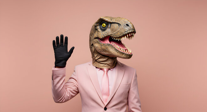 A friendly T-Rex in a pink suit waves hello, a fun and quirky image perfect for your next marketing campaign or presentation.