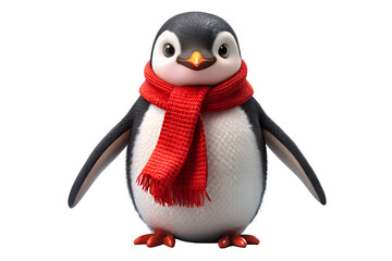 Fototapeta premium A cute cartoon penguin wearing a red scarf, isolated on a transparent background
