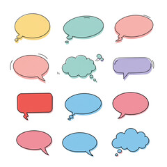Collection of assorted pastel colored speech bubbles with black outline on transparent backdrop
