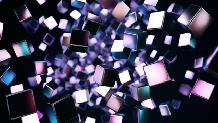 Colorful cubes gracefully drift and rotate in a captivating formation. The dynamic movement and brilliant hues create an immersive experience that captures attention
